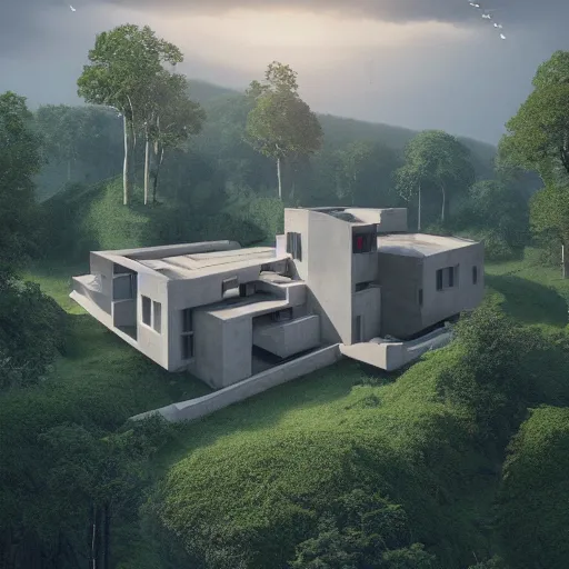 Image similar to beige rectangular house with big atrium surrounded by collumns, on a hill surrounded by big trees, dramatic lighting, artstation, matte painting, raphael lacoste, simon stalenhag, frank lloyd wright, zaha hadid, drone view