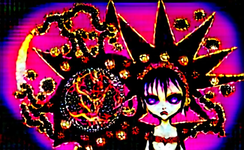 Prompt: spiked bloodmoon sigil stars draincore, goregrind album cover, baroque bedazzled gothic royalty frames surrounding a hellfire hexed witchcore aesthetic, dark vhs broken hearts, neon glyphs spiked pixelsort fairy kei decora doll by guro manga artist shintaro kago