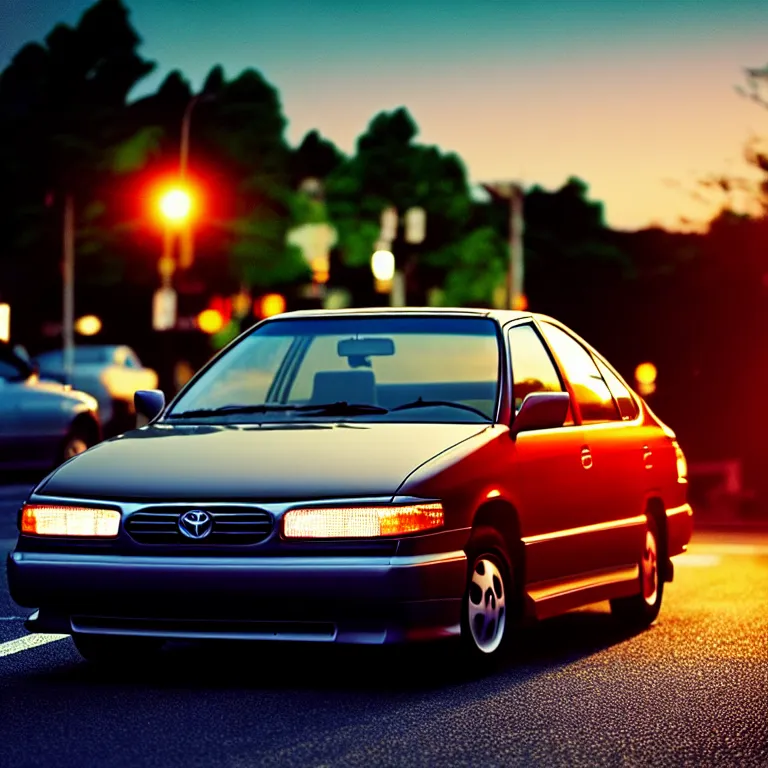 Prompt: close-up-photo 1997 TOYOTA CAMRY middle of street, sunset kanagawa prefecture, night, cinematic color, photorealistic, highly detailed,