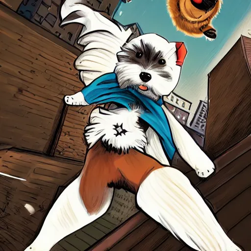 Image similar to cream colored havanese dog dressed as a super hero, jumping off a rooftop, sideways wide shot, highly coherent, saga comic, graphic novel, fiona staples