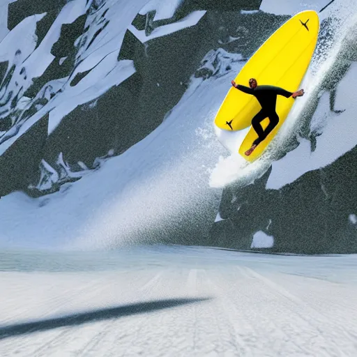 Image similar to man surfing a yellow surfboard down a snowy mountain, high quality digital art, unreal engine, cinematic lighting