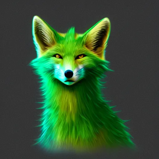 Prompt: digital green fox, green retrowave palette, green digital world, highly detailed, electric breeze, anatomically correct green vulpine, synth feel, fluffy face, ear floof, flowing fur, super realism, accurate animal imagery, 4 k digital art