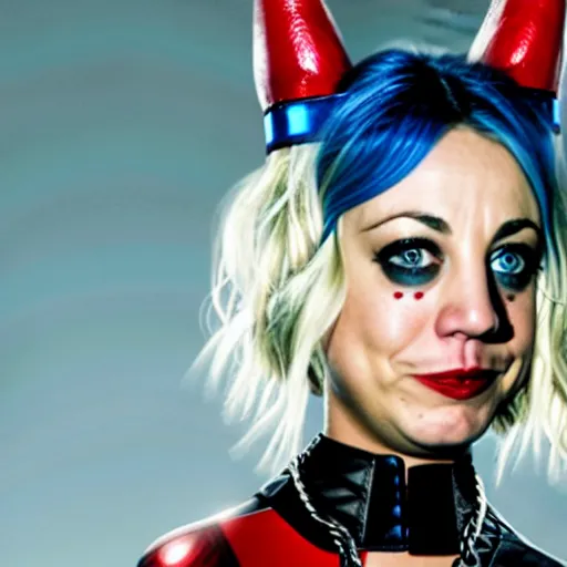 Image similar to A still of Kaley Cuoco as Harley Quinn