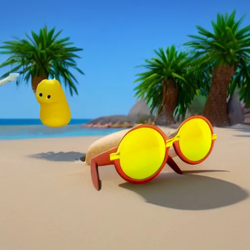 Prompt: 3 d render, disney pixar movie still, lemon character relaxing on a beach wearing sunglasses