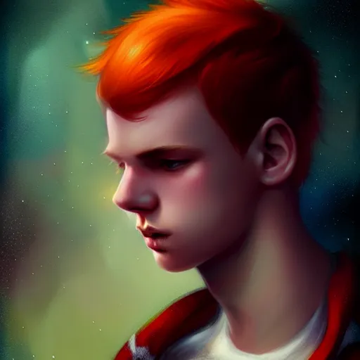 Prompt: colorful and Festive Captivating Fairy teenager boy with red hair, atmospheric lighting, painted, intricate, highly detailed by Charlie Bowater