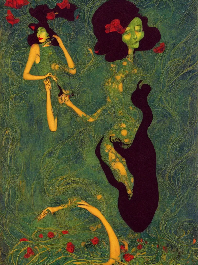 Image similar to !!!dream brunette woman standing in green dress on gold background, with black roses and red lips Anton Pic, Jean Delville, Amano, Yves Tanguy, Ernst Heckel, Edward Robert Hughes, Stanislaw Szukalski and Roger Dean photorealism