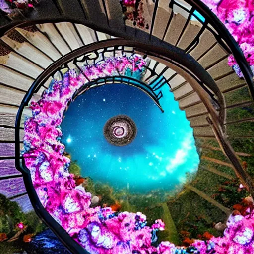 Prompt: a spiral stairway of flowing ethereal water from sky, stairway beautified with flowers, realistic, dusk, starry sky, hd, fantasy, 4 k