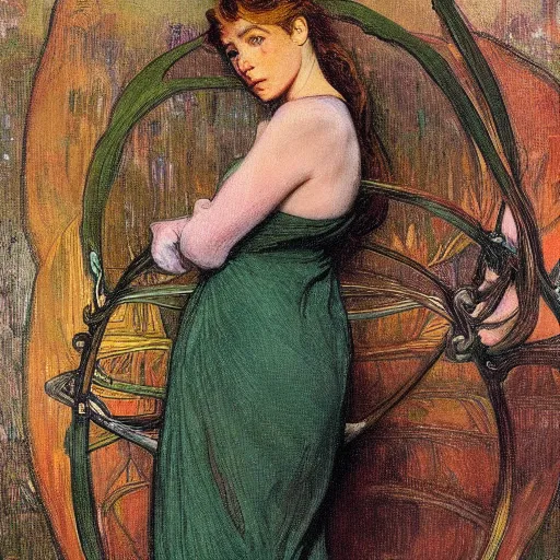 Image similar to a painting in the style of william henry millais and in the style of alphonse mucha.