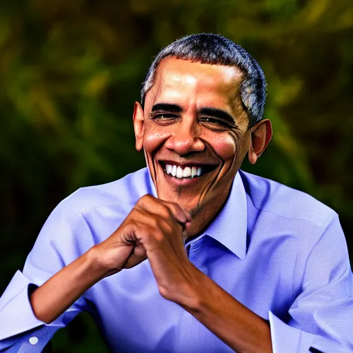 Image similar to Obama has a blue fire engulfing above his hand, Obama is smiling towards the viewer, 40nm lens, 4k,