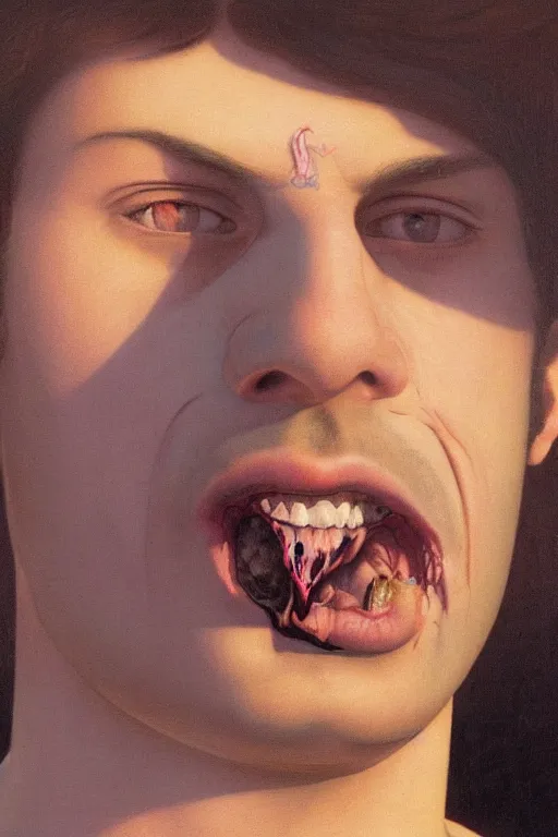 Image similar to a closeup portrait of a young italian man licking a blotter paper of LSD acid on his tongue and dreaming psychedelic hallucinations, by kawase hasui, moebius, Edward Hopper and James Gilleard, Zdzislaw Beksinski, Steven Outram colorful flat surreal design, hd, 8k, artstation