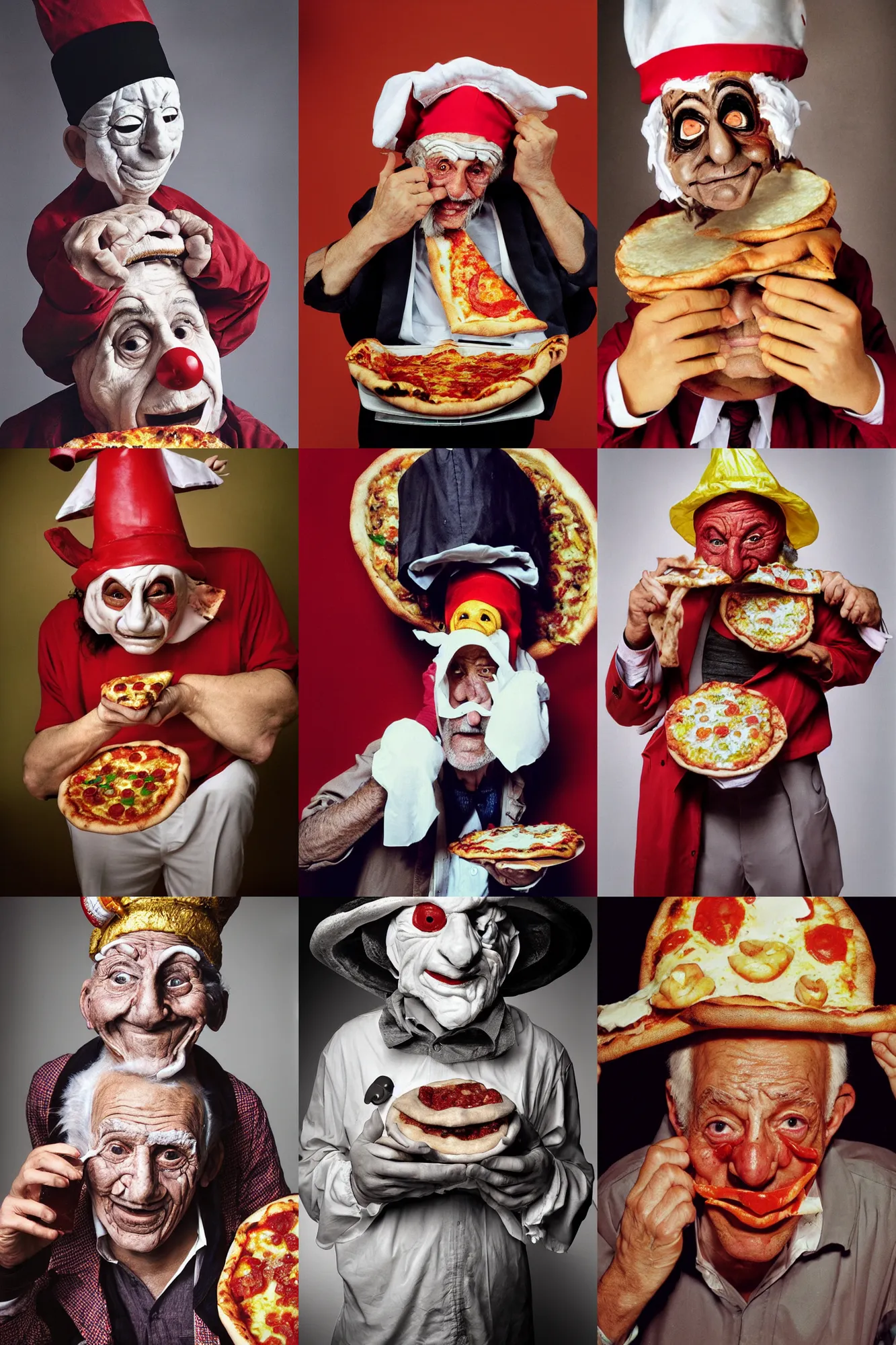 Prompt: close - up portrait of a wrinkled old man wearing a pulcinella mask holding up a pizza!! to behold, clear eyes looking into camera, baggy clothing and hat, masterpiece photo by david lachapelle