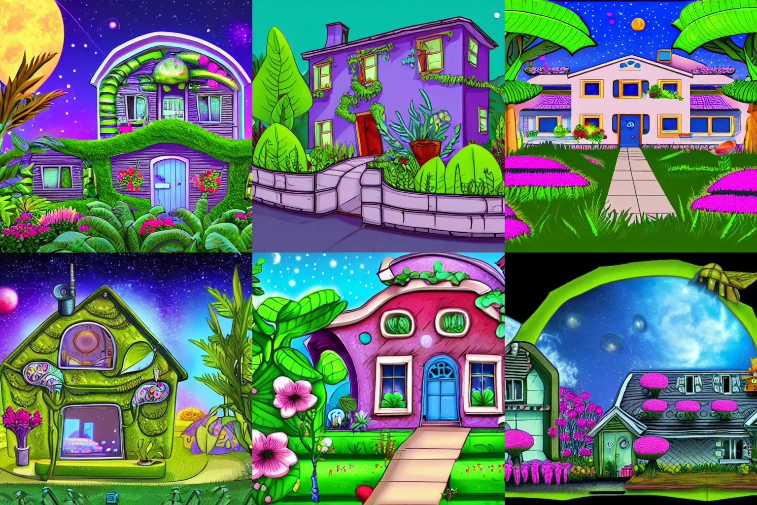 Prompt: a house with alien flowers and plants in front of it, from a space themed Serria point and click 2D graphic adventure game, high quality cartoon style graphics