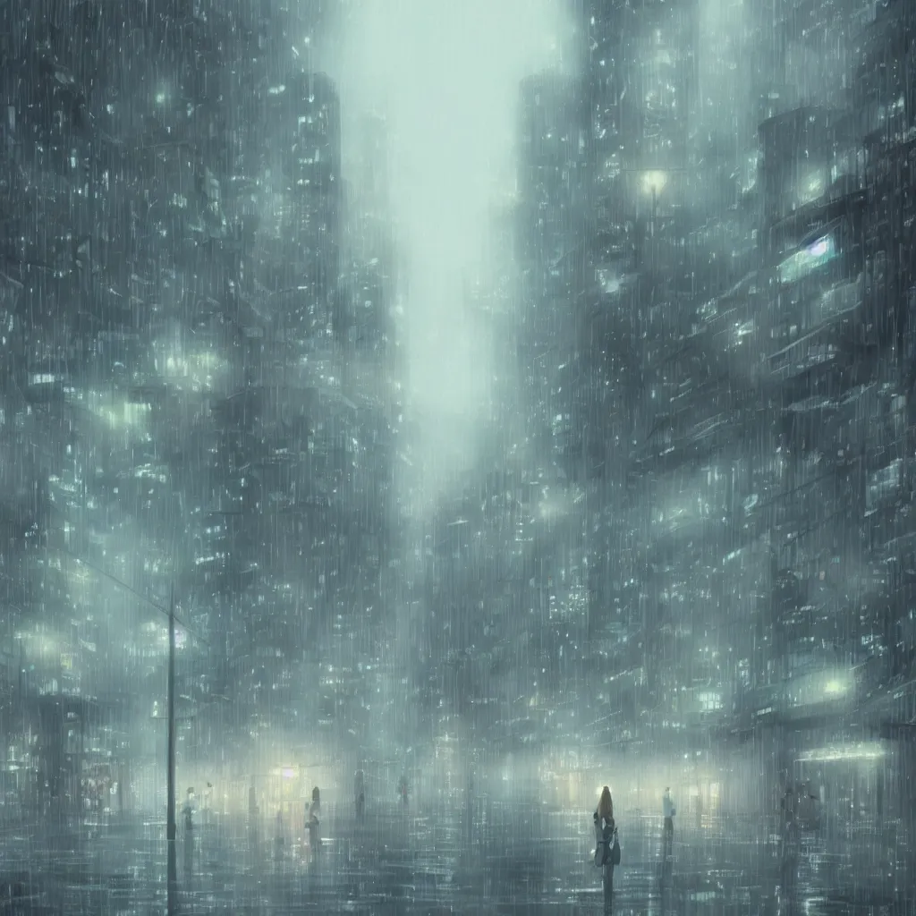 Prompt: illustration of beautiful anime city by Makoto Shinkai, it is raining and foggy