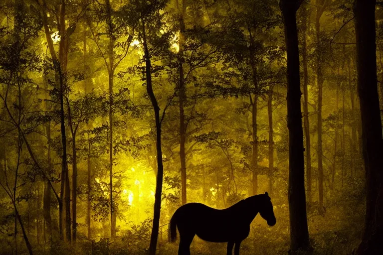 Image similar to beautiful horse in the forest evening natural light, fireflies, by Emmanuel Lubezki