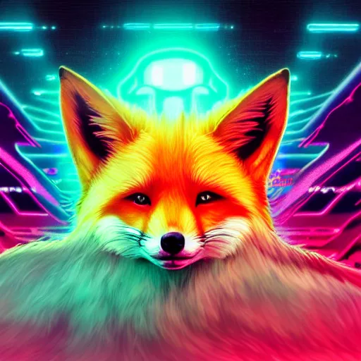 Prompt: digital synth fox, retrowave palette, digital world, highly detailed, electric breeze, anatomically correct vulpine, synth feel, fluffy face, ear floof, flowing fur, super realism, accurate animal imagery, 4 k digital art