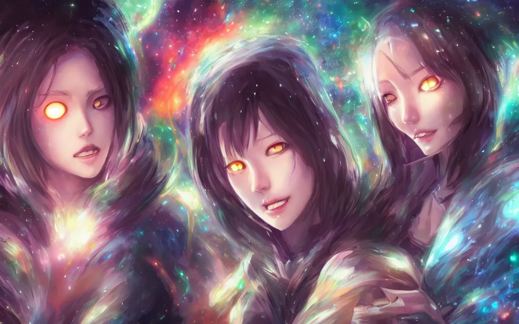 Image similar to A realistic anime portrait of a beautiful cosmic twins with glowing void eyes and cosmic skin wearing clothes made of galaxies, digital painting, by Stanley Artgerm Lau, Sakimichan, WLOP and Rossdraws, digtial painting, trending on ArtStation, SFW version