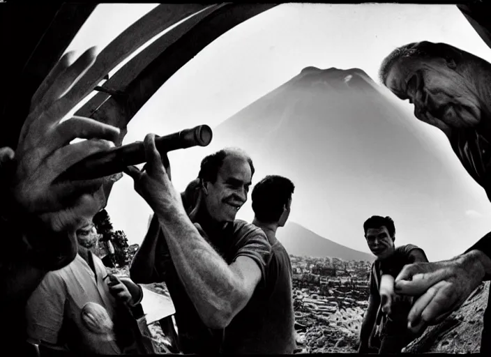 Prompt: old photo of average greeks drink wine and have fun against the backdrop of mount vesuvius starting to erupt by sebastian salgado, fisheye 1 6 mm, diffused backlight