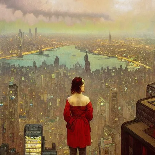 Prompt: “ a girl standing on a ledge looking down at a futuristic new york city below, fog, storm clouds, rain, detailed face, oil painting, by alphonse mucha ”