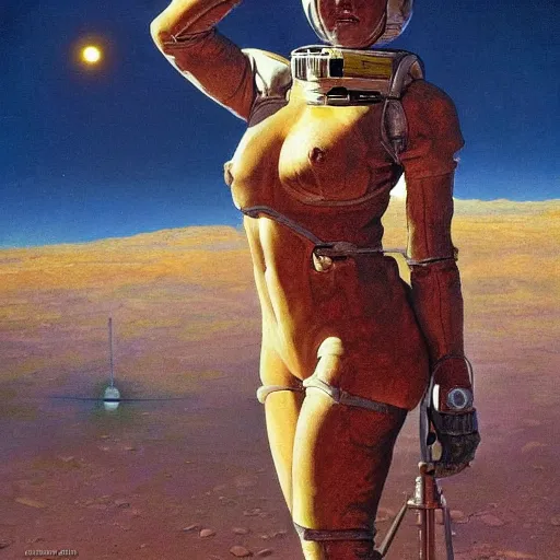 Prompt: highly detailed realistic oil painting of the first woman on Mars by Robert McGinnis, anatomy by George Bridgman,