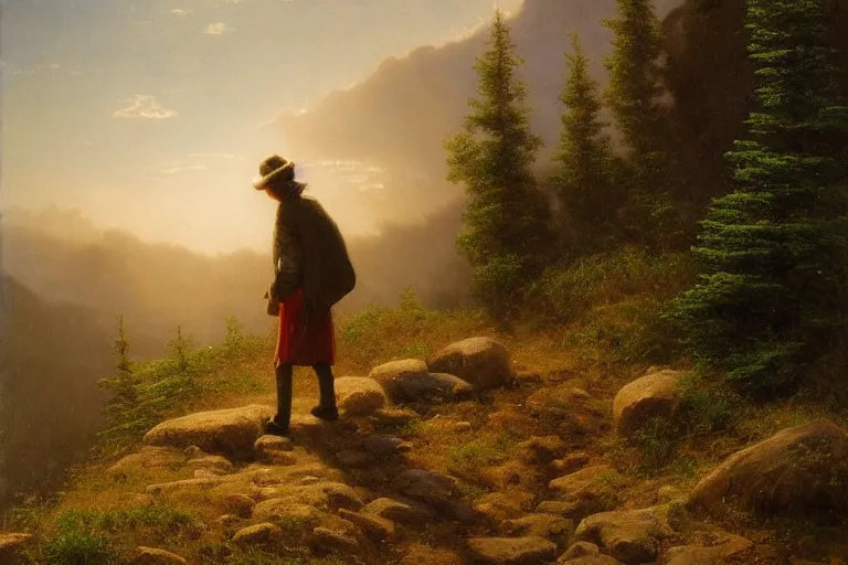 Prompt: a traveler wandering trough the mountains looking at the clouds, very detailed, oil painting, cinematic lighting, albert bierstadt, trending on artstation, colorful, canvas, sunset, hans dahl, theodor kittelsen, grey cloak, brimmed hat, old man