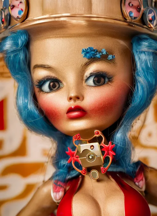 Image similar to closeup of a tin toy bikini girl, depth of field, zeiss lens, detailed, symmetrical, centered, fashion photoshoot, by nicoletta ceccoli, mark ryden, lostfish, earl nore, hyung tae, frank frazetta, breathtaking, 8 k resolution, extremely detailed, beautiful, establishing shot, artistic, hyperrealistic, octane render