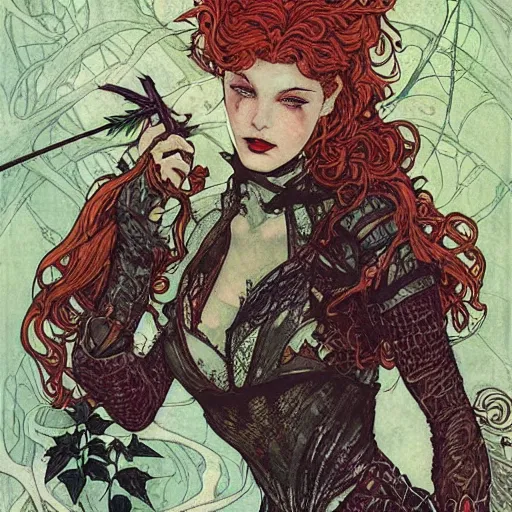 Image similar to a beautiful tarot card of poison ivy dressed as a teenage vampire, leather armored, dark eyeliner, intricate, elegant, highly detailed, digital painting, artstation, concept art, matte, sharp focus, illustration, art by rebecca guay and by arthur rackham and by alphonse mucha and by john william waterhouse