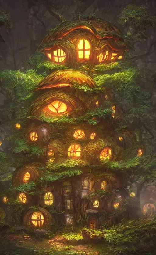 Image similar to a mushroom house in the middle of a forest at night, the lights are on, dynamic lighting, photorealistic fantasy concept art, trending on art station, stunning visuals, creative, cinematic, ultra detailed