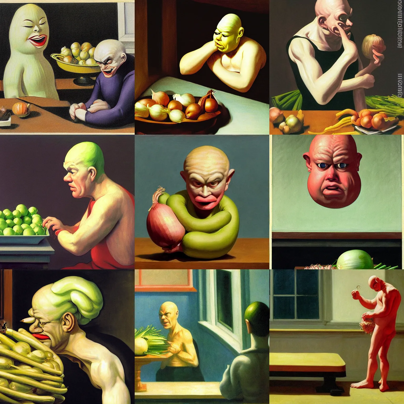 Prompt: onion man grimaces by Edward Hopper, baroque painting, surrounded by onions, coloring by Yoshitaka Amano