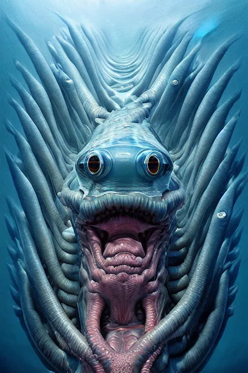 Image similar to hyperrealistic close-up surrealism underwater creature monster!! highly detailed concept art eric zener elson peter cinematic hard lighting high angle hd 8k sharp shallow depth of field, inspired by David Paul Cronenberg and Zdzisław Beksiński