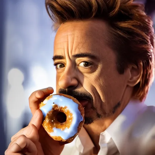 Image similar to Robert Downy Jr. eating a donut, 4k