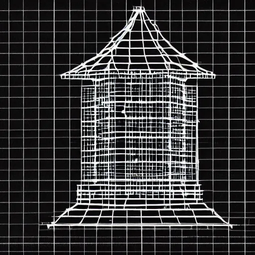 Image similar to a black and white photo of a clock tower, a wireframe diagram by baioken eishun, cg society, ascii art, dye - transfer, black background, ue 5