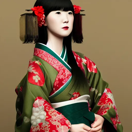 Image similar to Japanese Weyes Blood wearing kimono, realistic, photo studio, HDR, 8k, trending on artstation