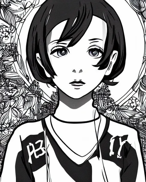 Image similar to Millie Bobby Brown in black and white anime