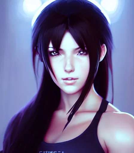 Image similar to beautiful portrait of a gorgeous personal trainer who looks like Tifa Lockhart , character design by charlie bowater, ross tran, artgerm, and makoto shinkai, detailed, soft lighting, rendered in octane