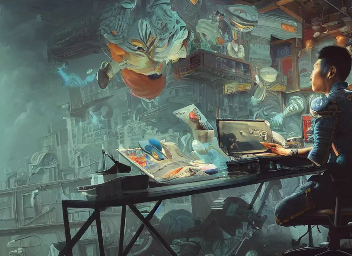 Image similar to an insanely detailed painting of an asian man wearing a homemade superhero costume, sitting at a desk, staring seriously at the computer and typing, in the style of peter mohrbacher, james jean, artgerm, dramatic lighting and composition, surreal background, octane render, pixar, trending on artstation, concept art, comic book, view from behind, 8 k