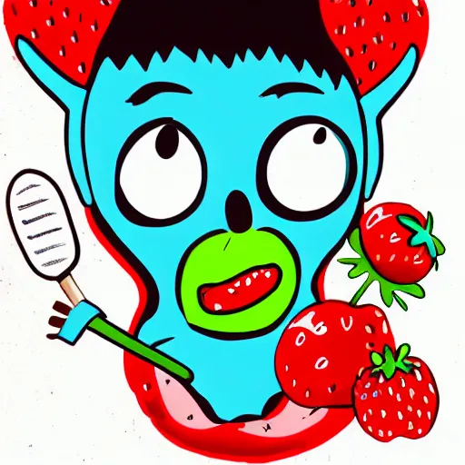 Prompt: a cute strawberry character with two front teeth, holding a yellow toothbrush, in the style of victor moscoso