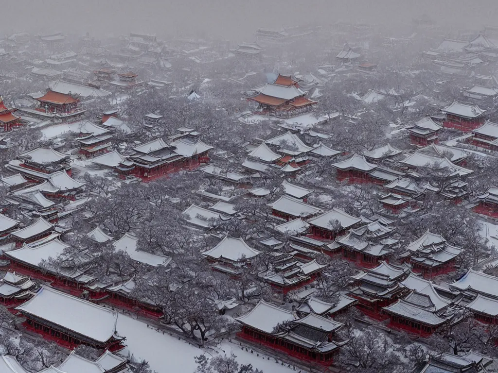 Image similar to the forbidden city on the snow mountain is on fire, highly detailed, blizzard, cinematic landscape ， on a snowy day, by xu beihong