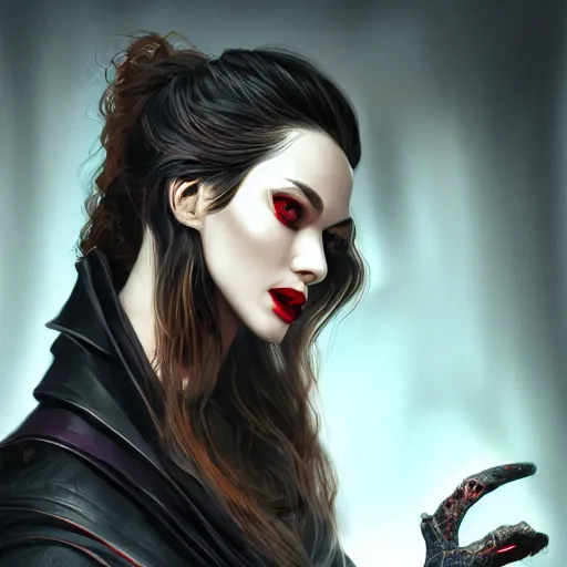 Image similar to Portrait of a vampire, highly detailed, digital painting, concept art, smooth, sharp focus, illustration, strong lines and bold colors, atmosphere and tension, Japanese, trending on artstation