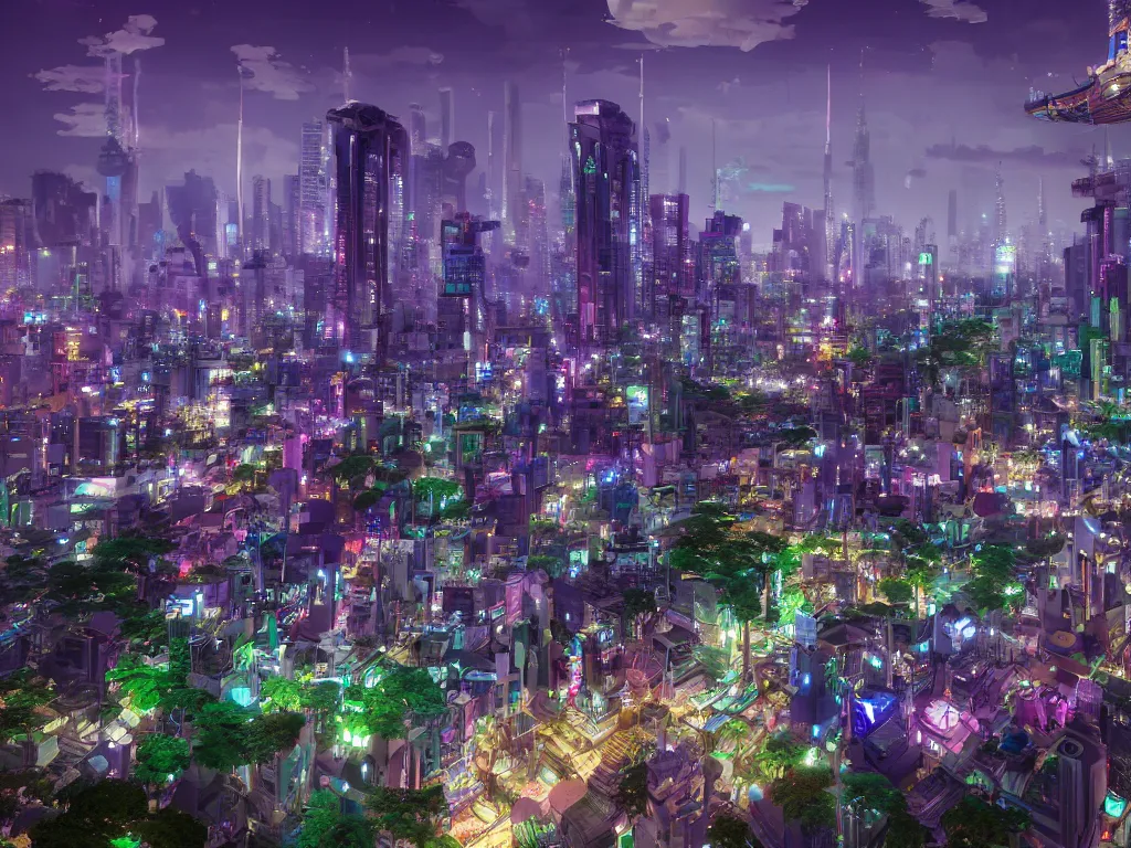 Image similar to a beautiful otherworldly fantasy model cityscape of tokyo in extreme detail, studio ghibli and pixar and abzu, rendering, cryengine, deep colors, purple and blue and green colors, vray render, cgsociety, bioluminescent