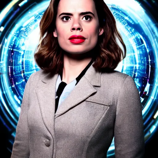 Image similar to a beautiful full body photograph of hayley atwell dressed as doctor who, science fiction style, time vortex in the background, detailed face, symmetrical face, extreme realism and detail, 8 k, completely framed, direct lighting, 3 5 mm photo, photorealistic, sharp focus