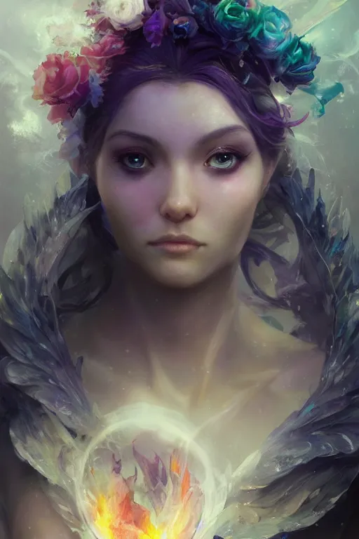 Image similar to face closeup of extremely beautiful girl necromancer, magical fairy flowers and ice, angels, 3 d render, hyper - realistic detailed portrait, holding fire and electricity rainbow, ruan jia, wlop. scifi, fantasy, magic the gathering, hyper detailed, octane render, concept art, peter mohrbacher