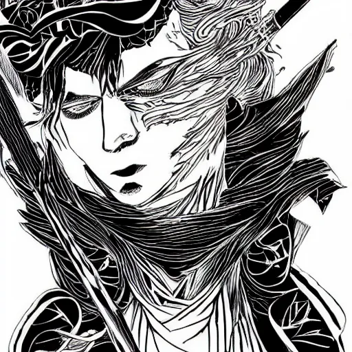 Image similar to black and white pen and ink!!!! aesthetic instagram artstation trending royal! nordic goetic Raiden x Frank Zappa golden!!!! Vagabond!!!! floating magic swordsman!!!! glides through a beautiful!!!!!!! floral!! battlefield dramatic esoteric!!!!!! pen and ink!!!!! illustrated in high detail!!!!!!!! by Junji Ito and Hiroya Oku!!!!!!!!! graphic novel published on 2049 award winning!!!! full body portrait!!!!! action exposition manga panel black and white Shonen Jump issue by David Lynch eraserhead and Frank Miller beautiful line art Hirohiko Araki