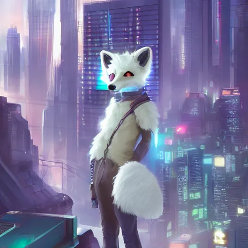 Image similar to an anthropomorphic fox with a fluffy tail staring over a futuristic city from the top of a roof, highly detailed, trending on furaffinity, cyberpunk, backlighting, cartoon