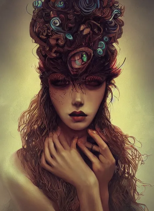 Prompt: a beautiful, unique, strange, mysterious woman, opening her eyes, amazing, stunning artwork, featured on artstation, cgosciety, behance