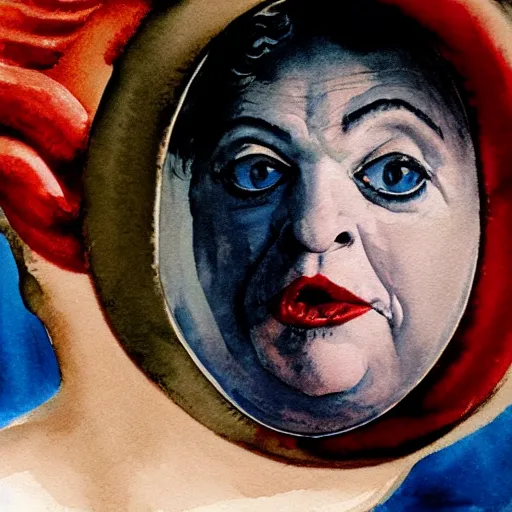 Image similar to a very funny fellini cinematic style. of a sweet fat old woman kissing her reflection. symmetrical face, red mouth, blue eyes. a flowered dress. a hyper - realistic scene. 3 d, octane processing, deep focus, white scene. a very funny and sweet scene. unreal engine. watercolor. freud painting style