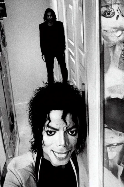 Image similar to Michael Jackson selfie photo, liminal spaces, backrooms hallway background, the backrooms,