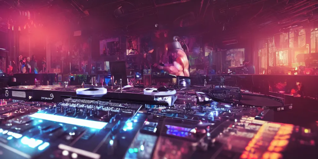 Image similar to a very buff dj playing at a club using a mixer on a tiny desk, pov, realistic 4 k octane beautifully detailed render, 4 k post - processing, highly detailed, intricate complexity, epic composition, magical atmosphere, cinematic lighting, masterpiece, ultra hd