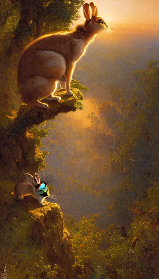 Image similar to hyper realistic rabbit looking off of a cliff, sun setting behind rabbit, lush forest in valley below, painted by gaston bussiere, craig mullins, j. c. leyendecker 8 k