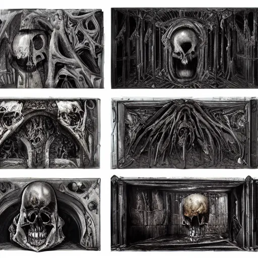 Image similar to an evolution of evil. abstract, decay, giger textures, h. r. giger infinitely complex detail, ornate cathedral interior, ghostly figure, morphing skulls