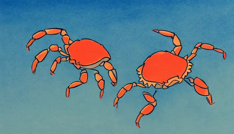 Image similar to A crab dancing on a beach, claws in the air. In the style of Studio Ghibli